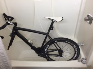 The hotel showers served as bike wash stations. After Sunday's storms it was hard to see what color each bike was.